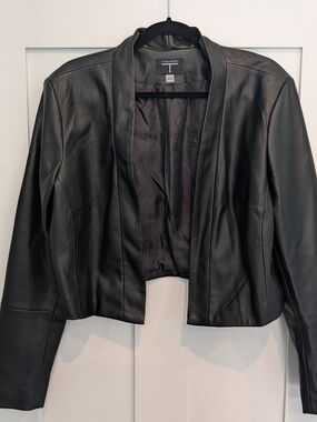 Tahari Black Faux Leather Open Front Jacket, Cropped